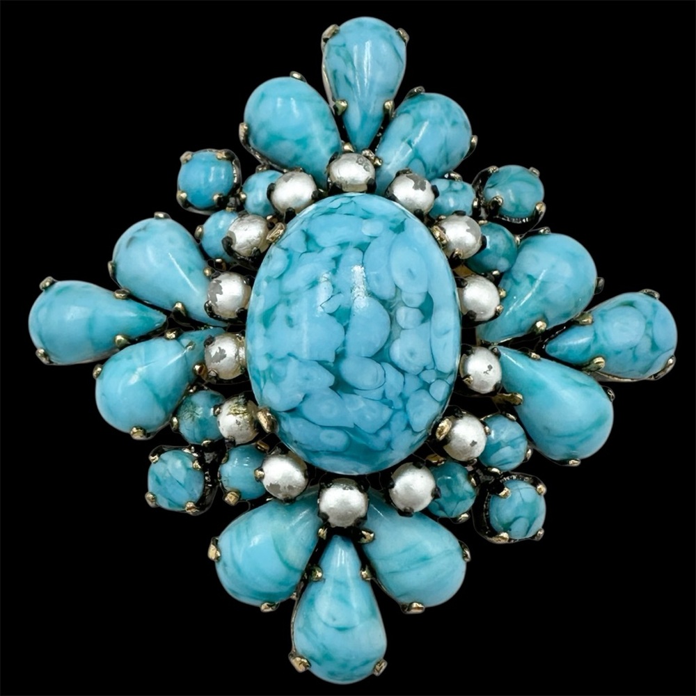 Western Germany Signed Vintage Blue Hubbell Glass Brooch Pin